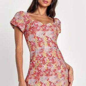 Lulus Sweetest Essence Blush Floral Jacquard Puff Sleeve Mini Dress Pink
